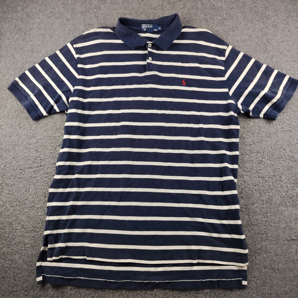 VTG Polo Ralph Lauren Mens XL Navy Blue White Striped SS Pique Polo Shirt